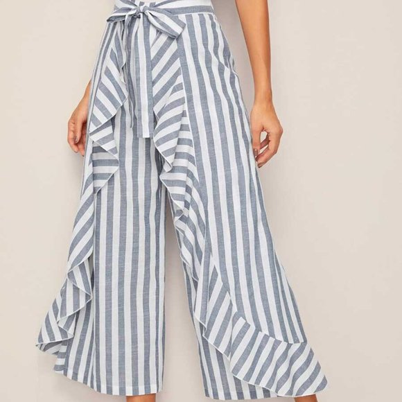 Monarch Fashion Pants - Boho Striped Ruffle Trim Wide Pants